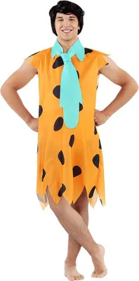 A man wearing a Fred Flintstone costume.