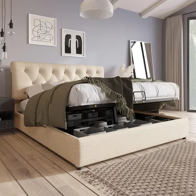 Produktbild von Hydraulisch Doppelbett Polsterbett 160x200cm,Verstellbares Kopfteil, Bett mit Lattenrost aus Metallrahmen, Modernes Bettgestell mit Stauraum,Natürlich