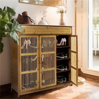 Obrázok produktu pre Skriňa na topánky z bambusu s 4 policami, 1 zásuvkou a 3 dvierkami, rozmer 93 x 32 x 98 cm