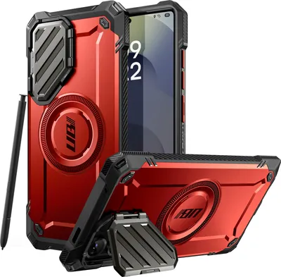 A red and black phone case with a built-in stand and a stylus.