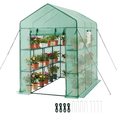 Produktbild von Gewächshaus - Foliengewächshaus/Tomatenhaus/Tomatengewächshaus - 137 x 206 x 196 cm - PE-Folie - 14 Regalböden auf 2 Ebenen - Aufrollbare Reißverschlusstür - Mit Fenstern