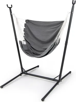 A gray hammock chair with a black metal stand against a white background.