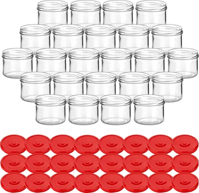 Produktbild von gouveo 24er Set Einmachgläser 230 ml rund mit Schraubdeckel rot - Vorratsgläser mit Drehverschluss TO82 für Marmelade, Konfitüre, Selbstgemachtes
