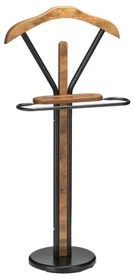 Produktbild von Herrendiener FABIO – Kleiderbügel, Hosenbügel und Ablage, stilvolles Design, Schwarz/Vintage. Ideal für Schlafzimmer, Metallgestell, runder Standfuß.