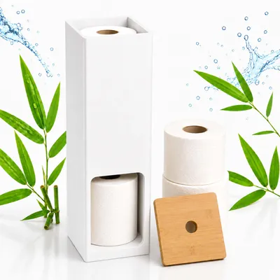 Produktbild von Relaxdays Toilettenpapier Aufbewahrung, 4 Rollen, HxBxT: 46,4 x 14 x 14 cm, Toilettenpapierhalter stehend, weiß/natur, KI-generiertes Bild
