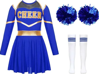 Immagine prodotto di Cheerleader radiosa: set completo per bambina di 164 cm - top a maniche lunghe, gonna, pompon e calze per Halloween, carnevale, feste in maschera e sport