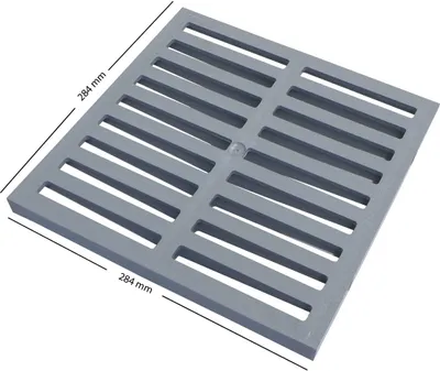 A gray grate with dimensions indicated by lines and text.