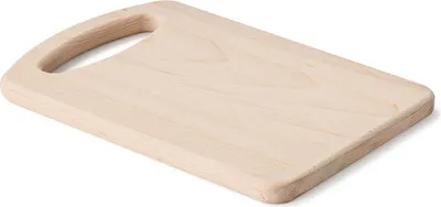 A light-colored wooden cutting board with a handle is shown against a white background.