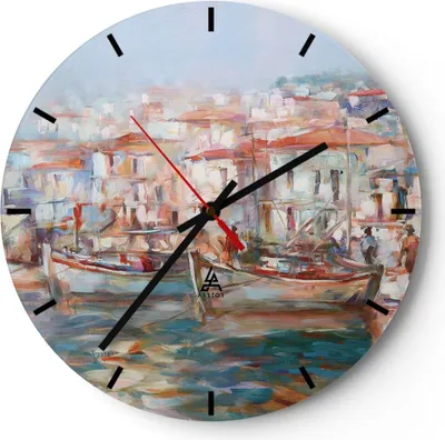 Produktbild von Wanduhr - Rund - Glasuhr - Insel Boote Hafen - 40x40cm - Schleichendes Uhrwerk - Lautlos - zum Aufhängen bereit - Dekoration Modern - Wanddekoration aus Glas - C3AR40x40-4852