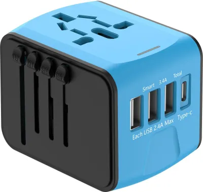 Obrázok produktu pre Univerzálny cestovný adaptér Medzinárodný napájací adaptér 3 porty USB + 1 port typu C + celosvetová sieťová zásuvka Nástenná nabíjačka pre Európu Taliansko USA Veľkú Britániu a ďalších 150 krajín