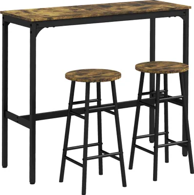 Image de Set de Bar (3 pièces) : Table + 2 Tabourets, Style Industriel, Pour Cuisine/Salle à Manger, Acier, Marron Rustique