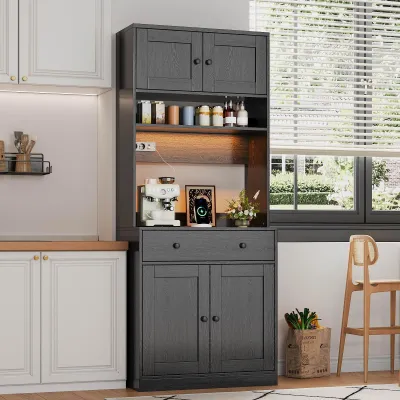 Produktbild von Flieks Küchenschrank mit LED, Gewürzregal und großer Schublade, Hochschrank mit Steckdose, Sideboard für Küche, Esszimmer & Wohnzimmer, Schwarz