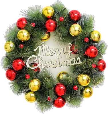 Produktbild von Weihnachtskranz für die Haustür, künstlicher Tannennadelkranz mit Kugeln, Schleifen, Blumen, „Frohe Weihnachten“, hängende Dekoration für Zuhause, Wand, Fenster, Veranda, Innen- und Außendekoration