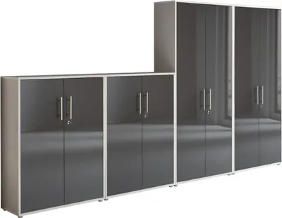 Produktbild von Aktenschrank TABOR 54 in lichtgrau / anthrazit Hochglanz, Schrankwand, Büroschrank, abschließbar, Metallgriffe