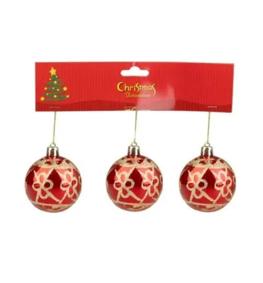Produktbild von MAGICHOME WEIHNACHTSKUGELN, 3 Stück, rot, mit Goldornament, 6 cm
