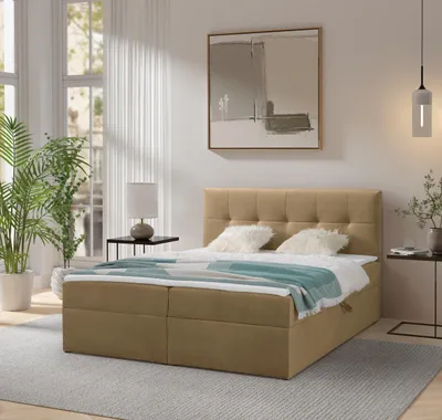 Obrázek produktu pro Ravio Boxspringbett Toronto 160x200 s úložným prostorem, čalouněná postel s matrací Bonell a topperem – luxus pro vaši ložnici, Amor Velvet – světle hnědá