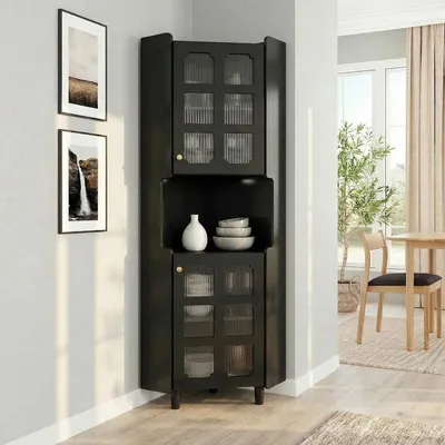 Produktbild von (Schwarz) Eckschrank mit LED-Beleuchtung, Multifunktionale Eckkommode aus MDF mit Hochglanz-Lack, Aufbewahrungsschrank für Wohnzimmer, Schlafzimmer, Badezimmer oder Esszimmer