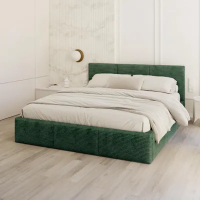 Produktbild von FDM Bett Fresia Cord 140x200 cm Polsterbett mit Lattenrost aus Metall Bettkasten Stauraumbett Samt grün