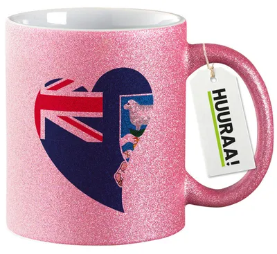 Produktbild von Huuraa Glitzertasse FalklanSteckanschlussln Flagge Herz 330ml Pink Keramik Kaffeebecher Geschenkidee