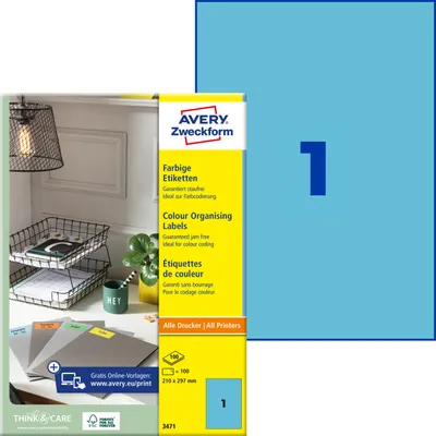 Produktbild von Avery Zweckform 3471, Farbige Etiketten, A4, 210 x 297 mm, 100 Etiketten / 100 Bögen, blau