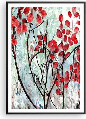 Produktbild von Gerahmtes Poster - Schwarzer Rahmen - Rot Blätter Zweige - 70x100 cm - Wand Bild - Wanddeko - Wandbilder - Kunstposter - Wandposter - Bilderrahmen - Bilder - Kunstdruck - P2BPA70x100-4508