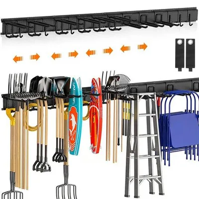 Obrázek produktu pro Kovový držák na nářadí do garáže, 162,56 cm, 4 lišty, 12 háčků, nástěnné háčky, regál na nářadí, držák na nářadí, kov, černý