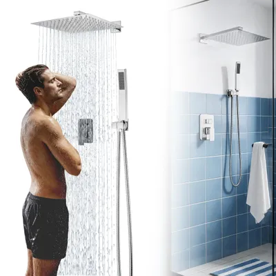Zdjęcie produktu dla LZQ System prysznicowy montowany na ścianie, chromowany, zestaw prysznicowy z deszczownicą o wymiarach 30 x 30 cm, słuchawką prysznicową i baterią prysznicową