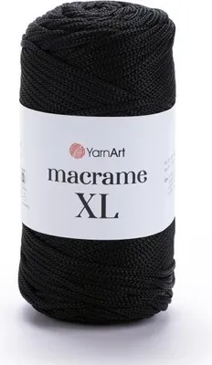 A roll of black macrame yarn with a label.