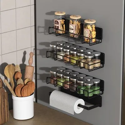 Obrázek produktu pro Magnetický držák na koření na ledničku, 4dílný, bez vrtání, pro organizaci kuchyně