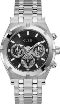 A silver Guess watch with a black dial is shown against a white background.