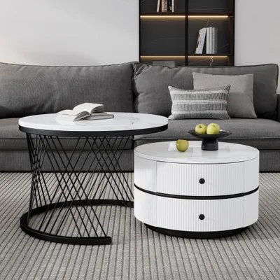 Produktbild von okwish Couchtisch 2er-Set, Satztisch Beistelltisch mit 2 Schubladen für Schlafzimmer Balkon, Satztische fürs Wohnzimmer, Wohnzimmertisch mit Marmor Optik , Schwarz