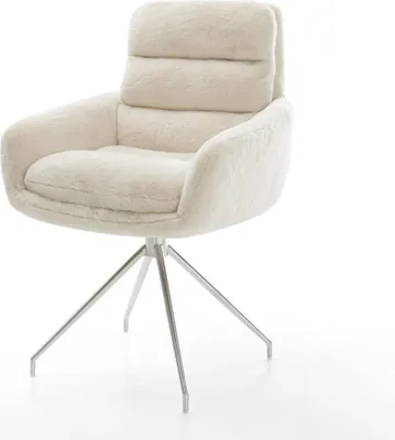 Produktbild von DELIFE Esszimmerstuhl Abelia-Flex mit Armlehnen Plüsch Creme-Weiß Kreuzgestell konisch Edelstahl