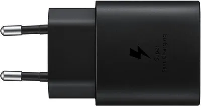 A black Samsung fast charging adapter with two prongs.