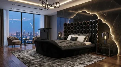 Produktbild von Schwarzes Designerbett Luxus Polsterbett Holz Textil Schlafzimmer
