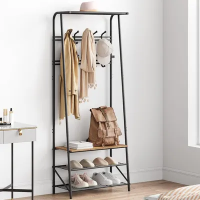 Produktbild von Garderobe mit Sitzbank 4-in-1, Schuhregal, Kleiderstange, Braun