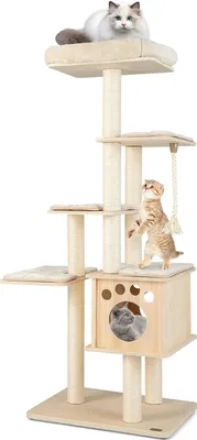 A multi-level cat tree with several platforms, a hideaway box, and scratching posts, featuring cats interacting with it.