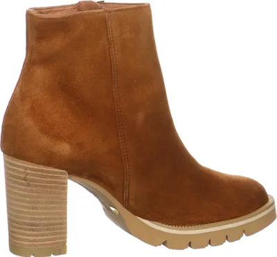 A single brown suede ankle boot with a block heel is shown against a white background.