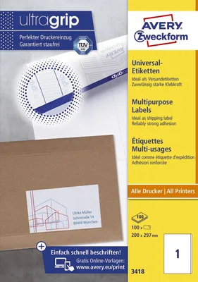 Image de Avery Zweckform 3418 Étiquettes universelles, 200 x 297 mm, 100 feuilles/100 étiquettes, blanc