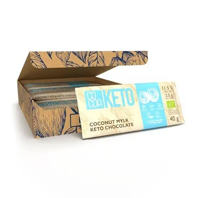 A box of cocoa keto chocolate bars, with one bar partially pulled out.