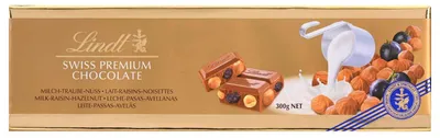 Obrázok produktu pre Lindt Swiss Premium Čokoláda, mliečna s hrozienkami a orechmi, tabuľka 300g