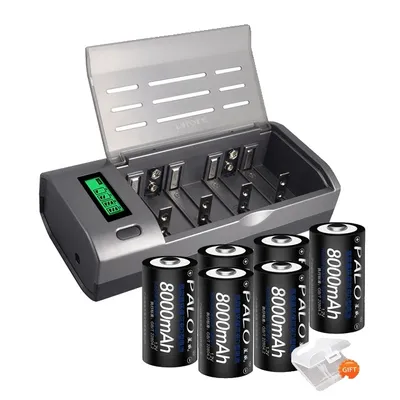 Immagine prodotto di Batterie ricaricabili di tipo D, capacità 8000 mAh, caricabatterie con display LCD, 6 batterie e caricabatterie