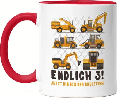 Produktbild von Endlich 3 Tasse Rot 3. Geburtstag Geburtstagskind Kindergeburtstag Bagger Baustelle Baumeister