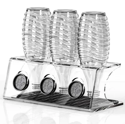 Produktbild von Acryl-Flaschenständer für SodaStream, robuster Küchenflaschenhalter mit Deckelhalter und Trockenmatte, transparenter Trockenständer für 3 Sodaflaschen.
