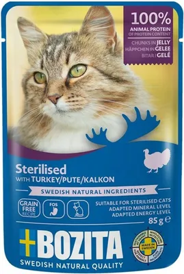 Produktbild von BOZITA Sterilisierte Stücke in Gelee mit Truthahn – Nassfutter für Katzen – 85g