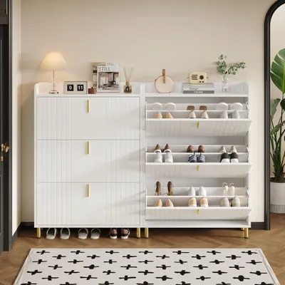 Image de OKWISH Meuble à Chaussures 3 Abattants avec 6 Compartiments - Meuble d'Entrée Pratique en MDF, Blanc, 80×23×123,5 cm