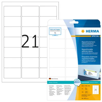 Produktbild von Adressetiketten A4 weiß 63,5x38,1 mm repositionierbar Papier matt 525 St.