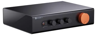 A black Fosi Audio ZP3 HiFi preamplifier with an orange volume knob is shown against a white background.