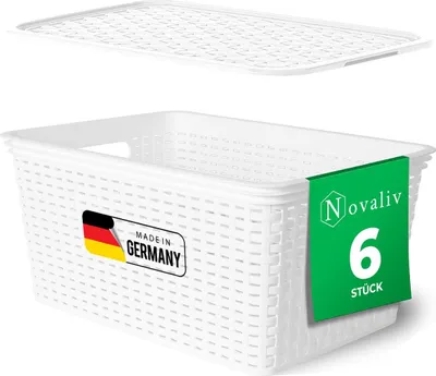 Image de Novaliv Lot de 6 boîtes de rangement avec couvercle Grand panier 14L Blanc en rotin Design alimentaire Panier de rangement Boîtes empilables Nestbar Plastique BPA-free Caisse de rangement avec couvercle