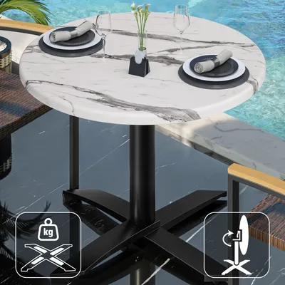 Produktbild von WTG | Bistro Außen Tisch | Ø:H 70 x 75,5 cm | Weiß Marmor / Schwarz | Rund | Klappbar + Zusatzgewicht | Bistro Tisch Gastro Tisch