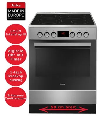 A freestanding electric stove with a ceramic hob and oven, featuring various feature callouts on the left side.
